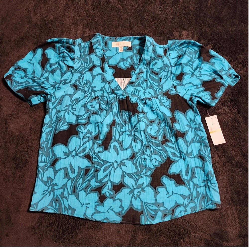Fever Bluebird Paper Floral V-Neck Cotton Blouse Blue Black PS PJ200640FS NWT